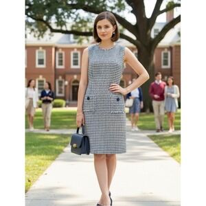 Karl Lagerfeld Paris Navy White Tweed Sleeveless Sheath Dress Fringe Size 8